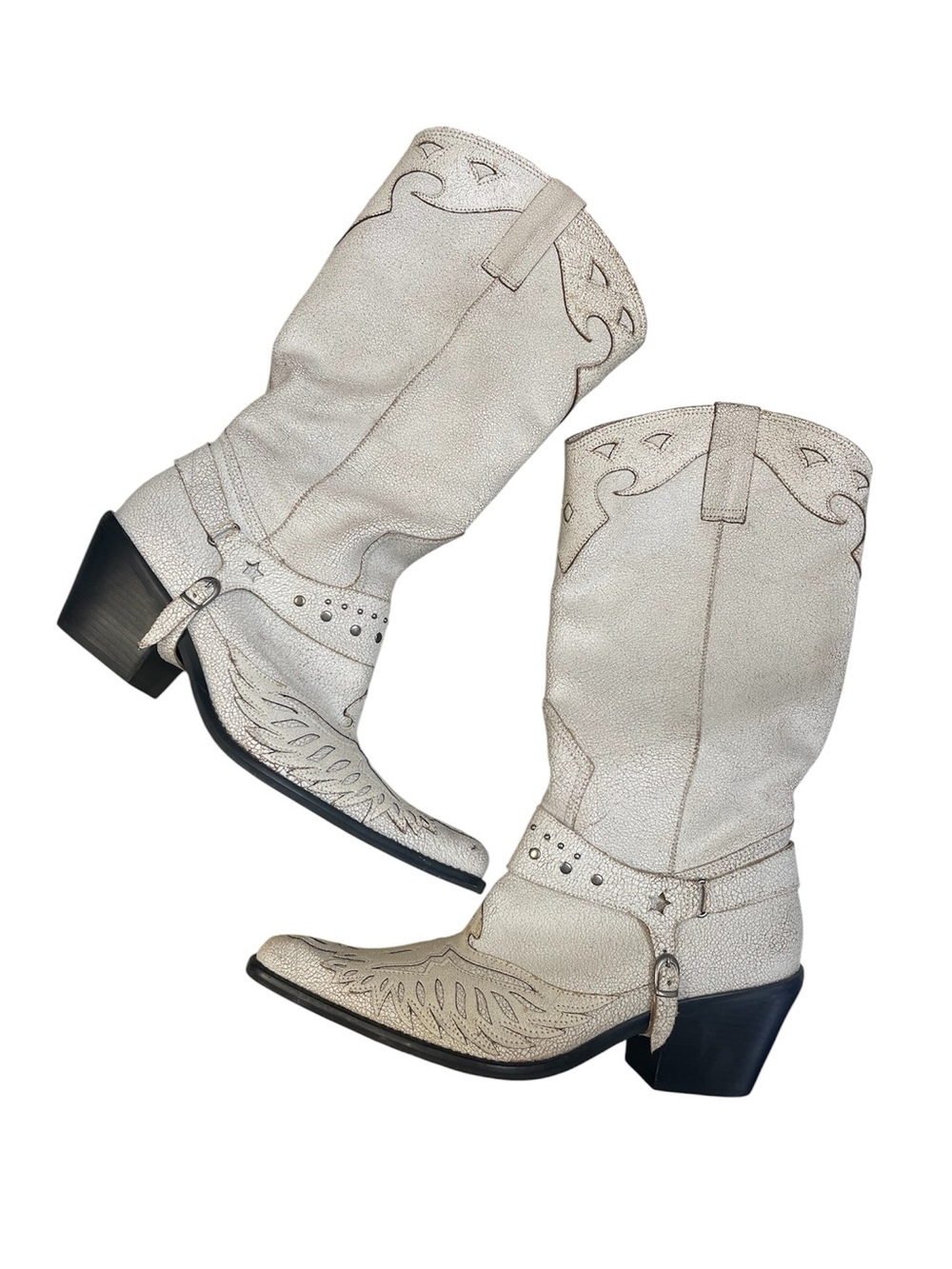 NINE WEST R. PADRONED 4 Distressed White/Ivory Western Cowboy Boots Size 9M